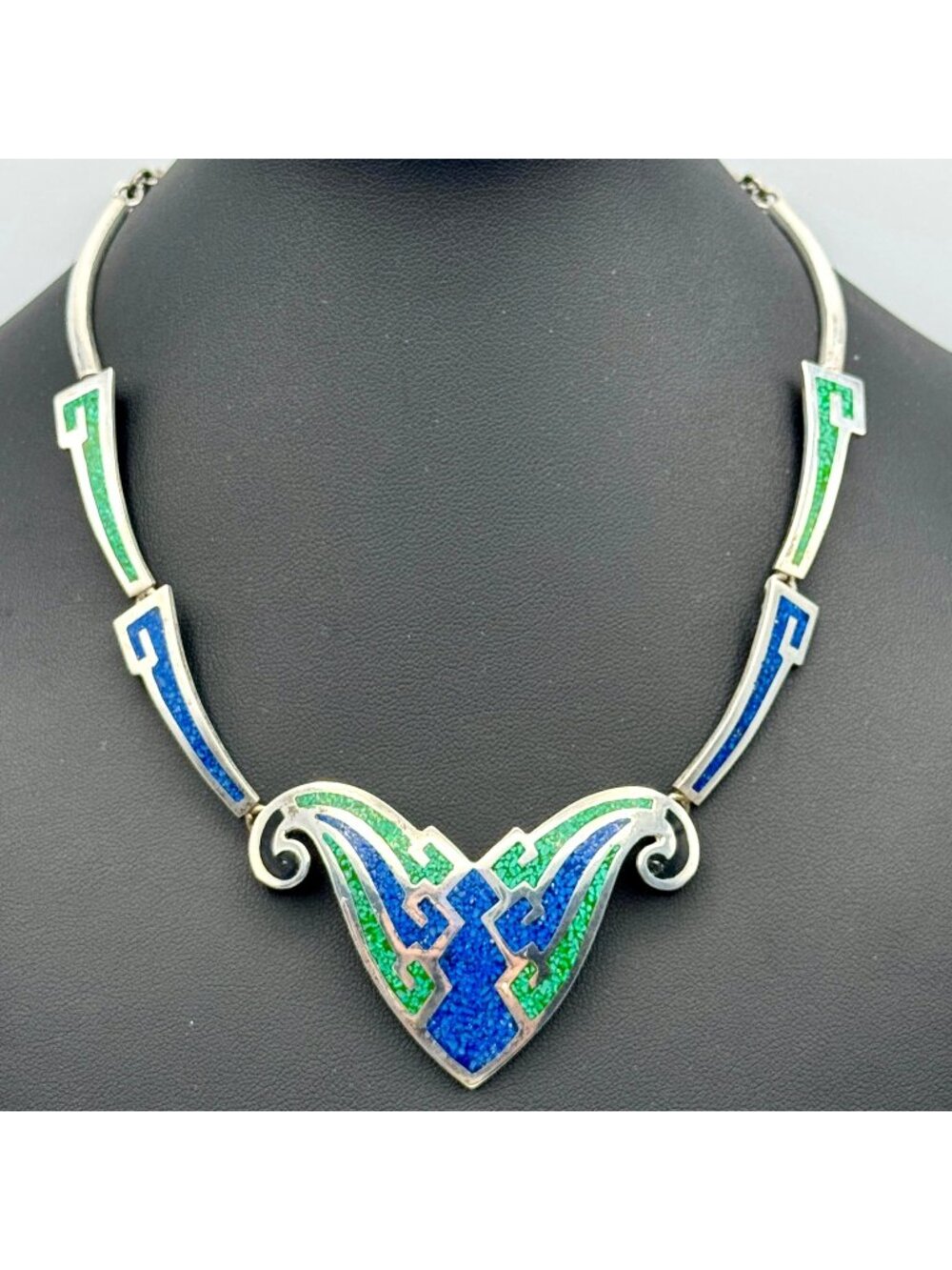 Vintage Taxco Butterfly Necklace Blue Green 925 Art Deco Statement 44g TC-112